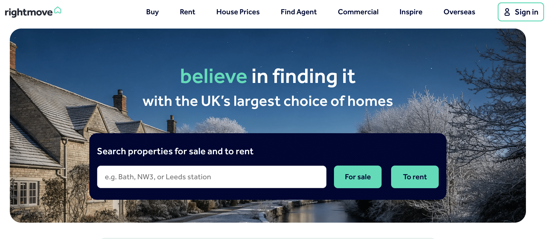 A screenshot of the homepage for the website Rightmove