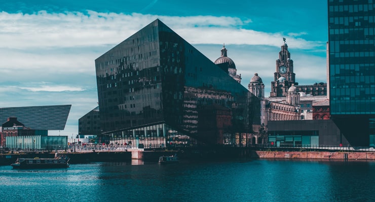 Photograph of Canning Dock in Liverpool with the Liver Building in the background