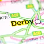 A road map showing the city of Derby and surrounding roads