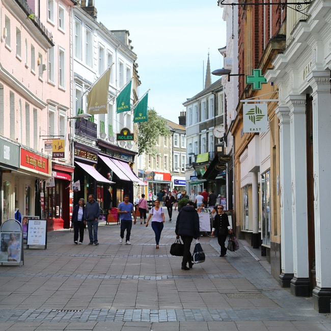 A busy shopping street in the centre of Norwich.