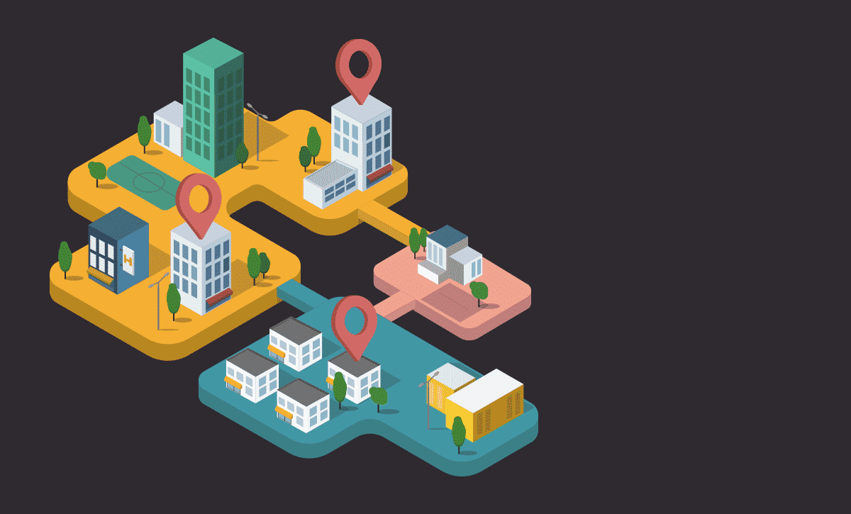 A 3d graphic showing houses on a map with GPS icons hanging over them. Represents finding off market property.
