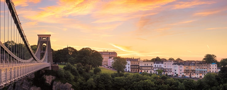 Sunset over the Clifton Suspension Bridge in Bristol with Clifton in the background