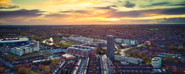 Stunning cloud formations over Leicester city. Aerial photograph at sunset.