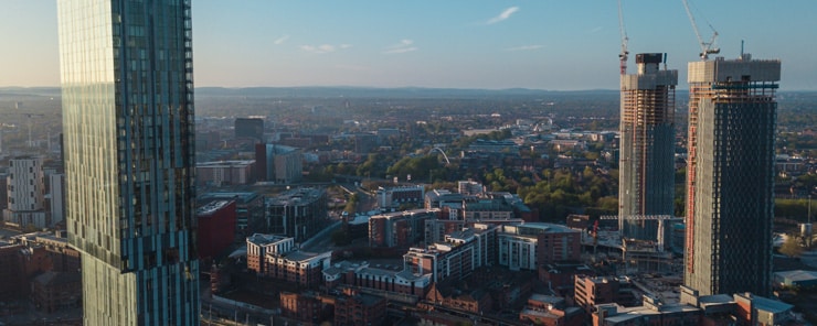 A drone photograph of Manchester City Centre with Beetham Tower in the foreground