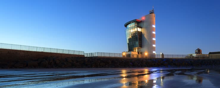 The Marine Operations Centre at Pocra Quay, North Pier in Aberdeen. Photograph taken at dusk.