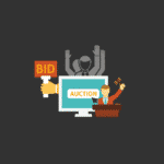 An illustration for online property auctions showing a computer monitor, a bid sign and an auctioneer with a gavel and block.