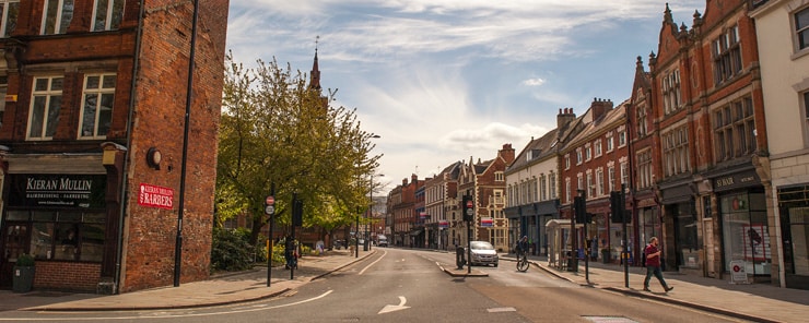 A mostly deserted sshopping street in Derby, UK