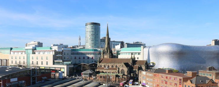 View of the city scape of Birmingham with the Bull Ring clearly in sight.