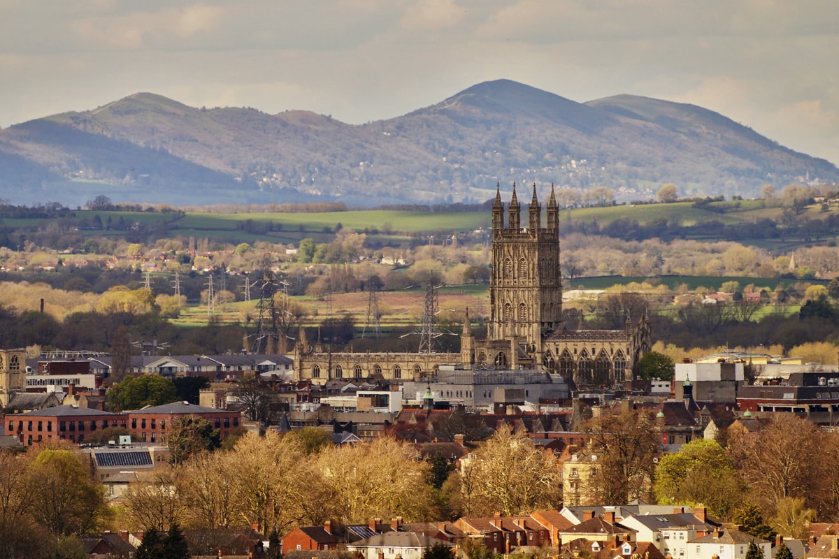 Aerial shot of Gloucester with the famous cathedral in the centre