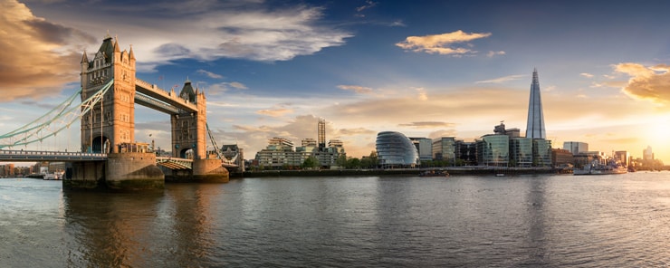 A view of London over the Thames with Tower Bridge in the foreground