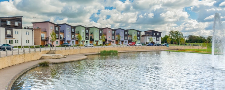 Urban, colourful housing on the river front in Milton Keynes