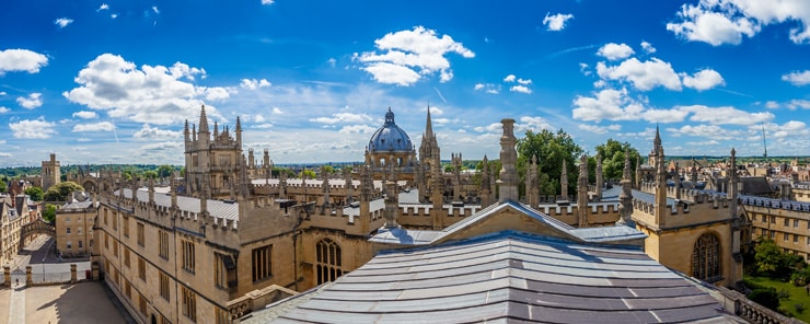 Center of Oxford, UK. Panoramic photographs of rooftops on a summer day