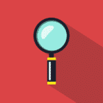 An icon that depicts a magnifying glass on a red background.