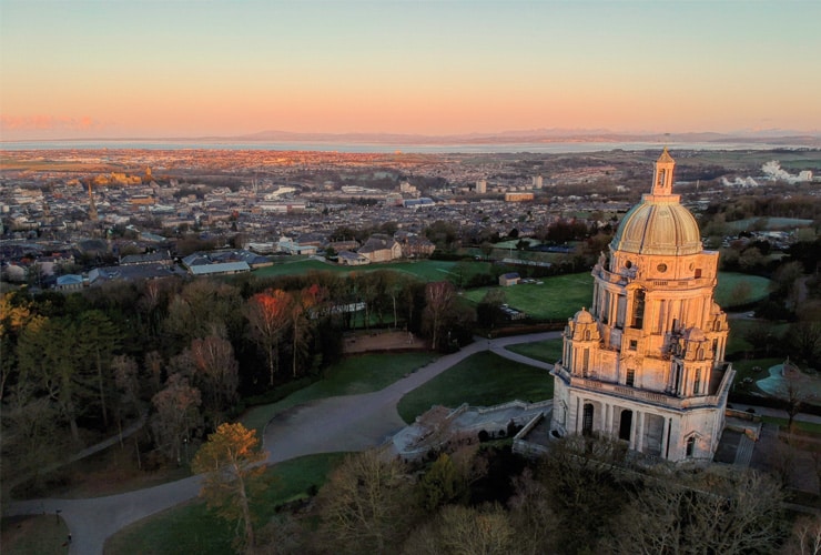 Lancaster from above at sunset with Ashton Memorial in the foreground