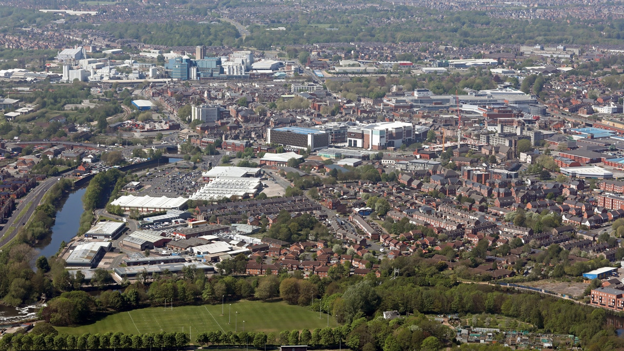 An aerial shot of Warrington, UK