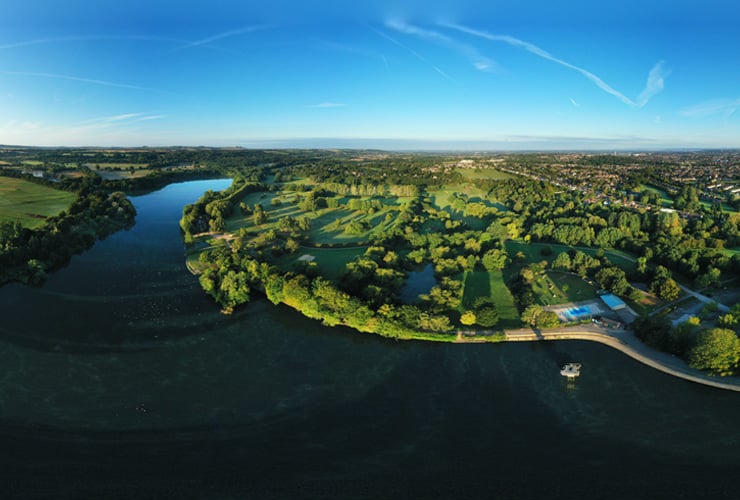 An aerial photograph of the water and countryside of Coate Water Country Park near Swindon