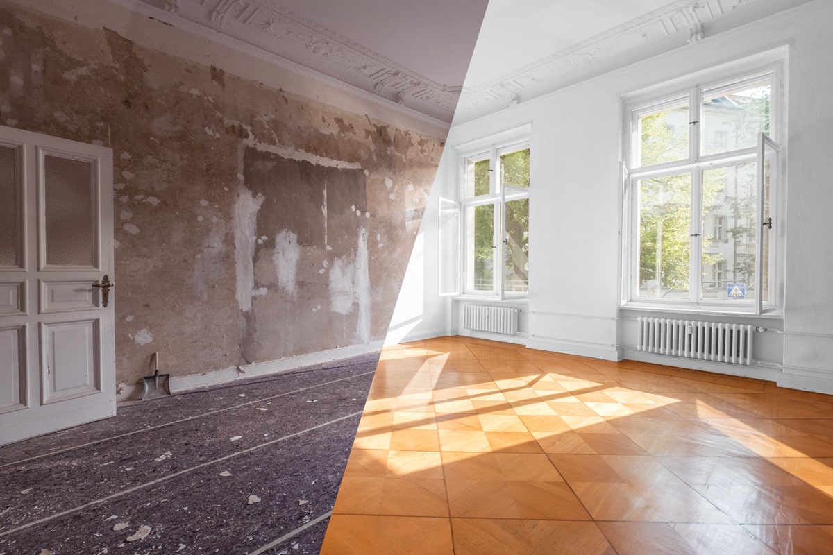 Image of a room with one half having been refurbished and the other, in need of repair