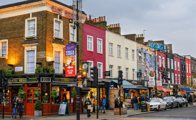Camden town street scene row of shops and bars