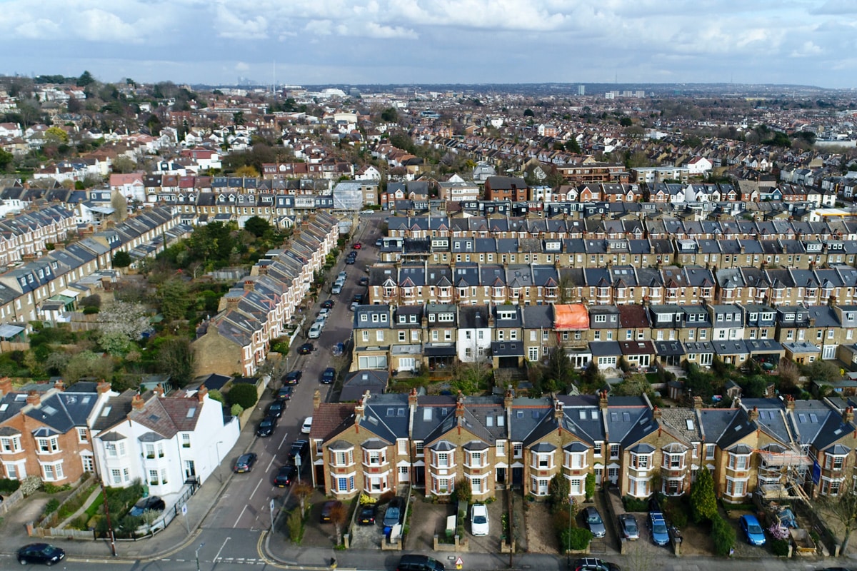 An aerial shot of a suburban terraced housing estate in Wimbledon.