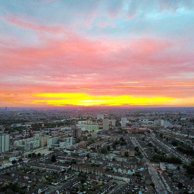 A drone's aerial view of Barking in Essex at sunset.