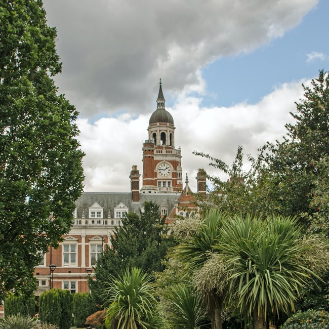 Queen's Gardens, overlooked by the Victorian town hall, housing the headquarters of Croydon City Council.