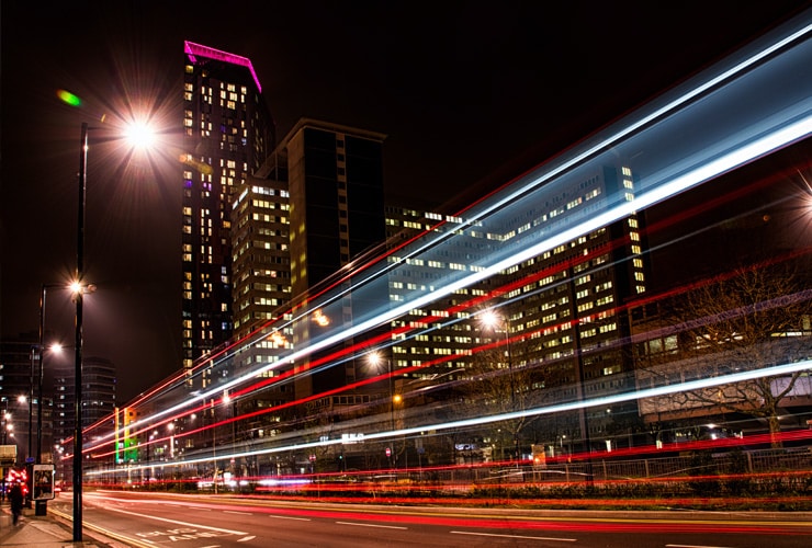 Long exposure light trails from a bus. Photograph taken in front of the Saffron Tower in Croydon