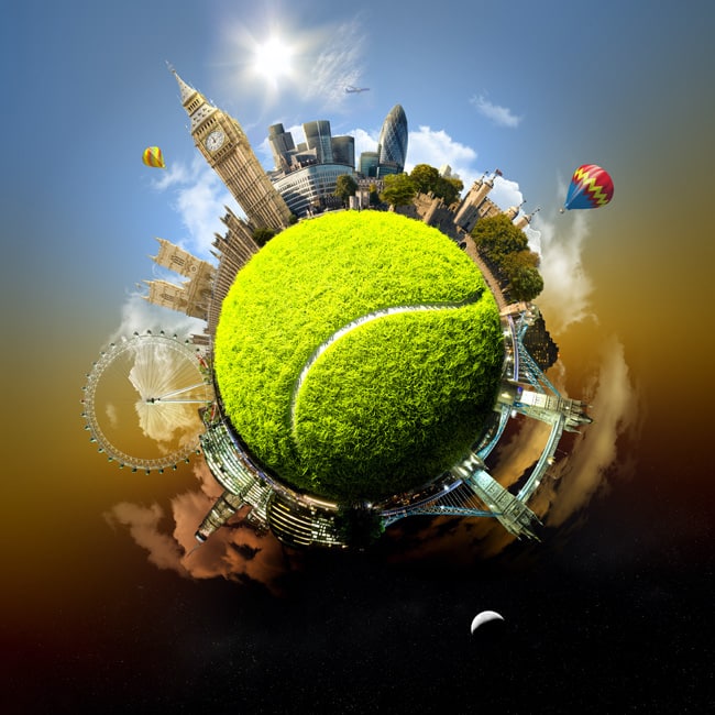 Tennis planet of London - symbolic illustration of London, UK, built on a tennis ball, which includes the important attractions of the city.