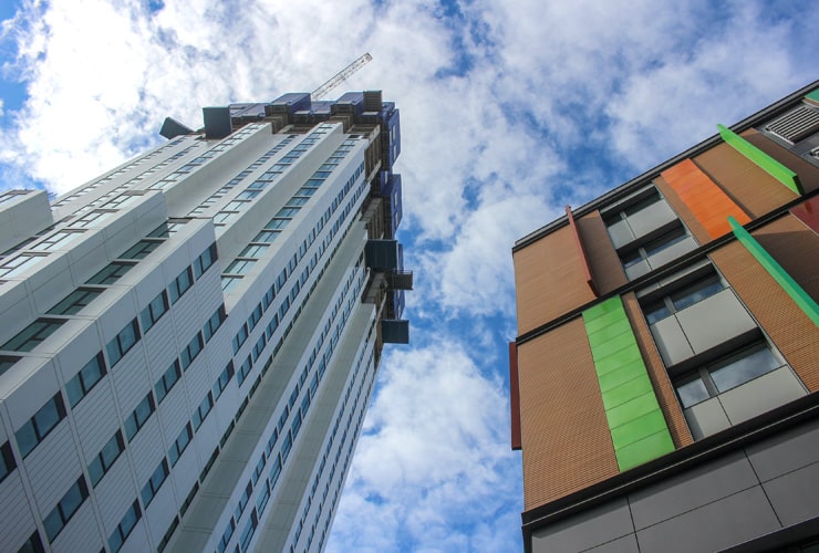 Photo pointing upwards at blocks of flats in Tottenham Hale, Haringey