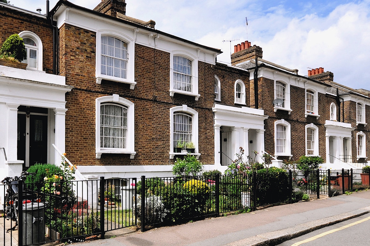 A typical terrace of small 19th century Victorian period town houses at Angel Walk, Hammersmith, west London, UK.