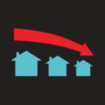 An icon showing three houses, each smaller than the last. The image represents downsizing a home.