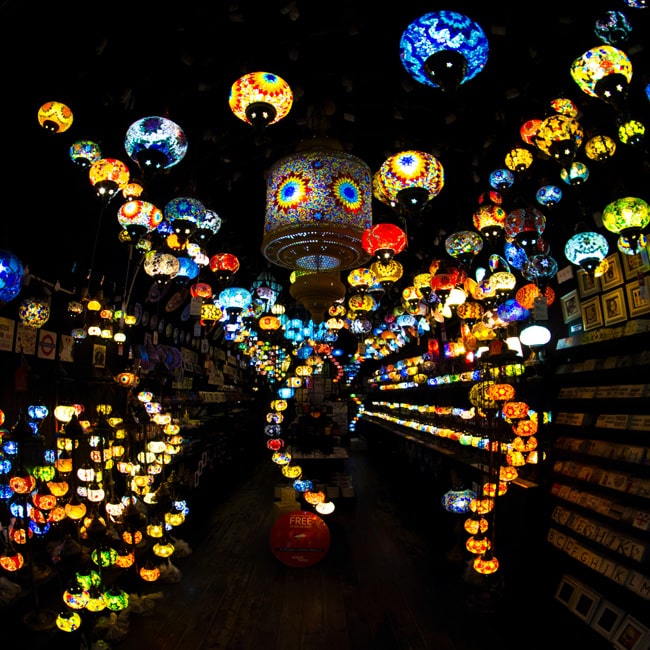 Artistically arranged lanterns at Camden Market.