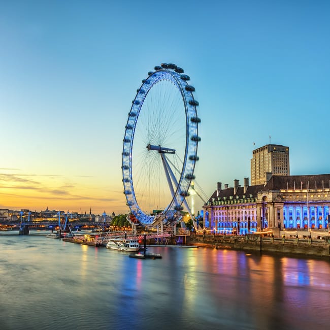 The London Eye, set against the sunset.