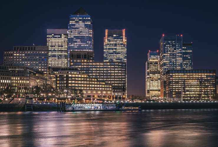 Night time panoramic photograph of Canary Wharf. Canary Wharf is a major business district located in Tower Hamlets, East London.