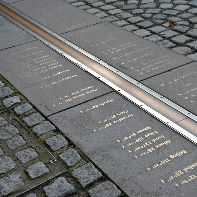 A photograph of the Prime Meridian Line in Greenwich, London.