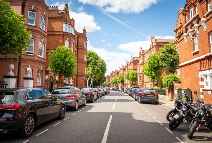 An upmarket, attractive residential street of terraced houses in Fulham , south west London.