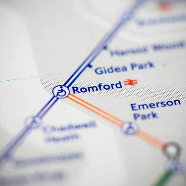 A map of London underground stations with a focus on Romford.