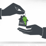 An illustration of a hand passing another hand some house keys. Image represents selling an HMO.