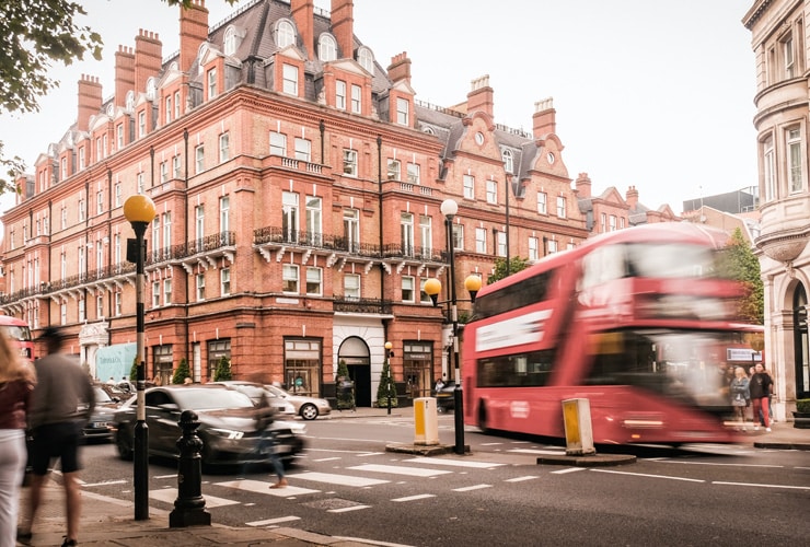 Motion blurred view of Sloane Square, an upmarket area of Chelsea and Knightsbridge.