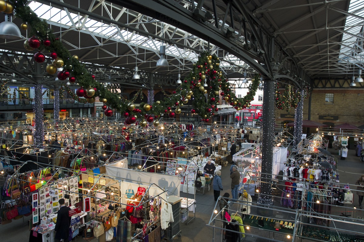 A general view of the Old Spitalfields Market with Christmas decorations up.