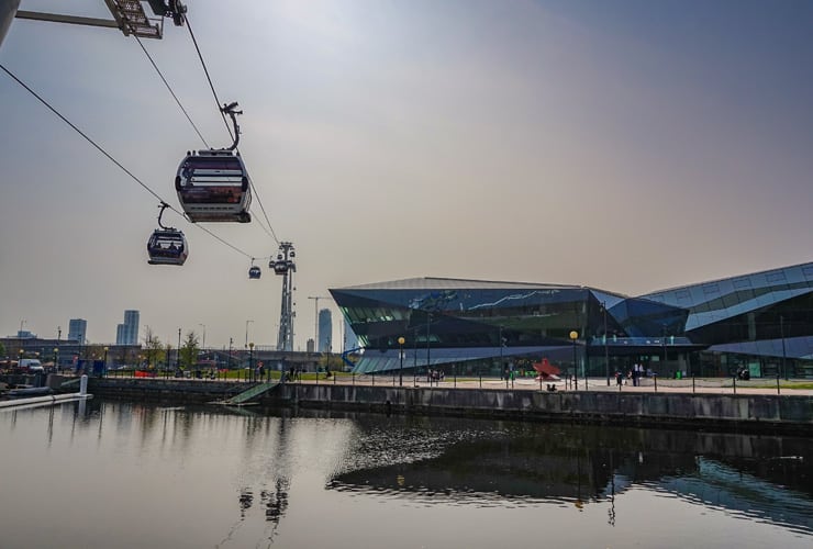 The London Cable Car known as 'The Emirates Air Line', is a cable-car which crosses the River Thames in East London, between The Royal Docks near Canning Town and Greenwich.