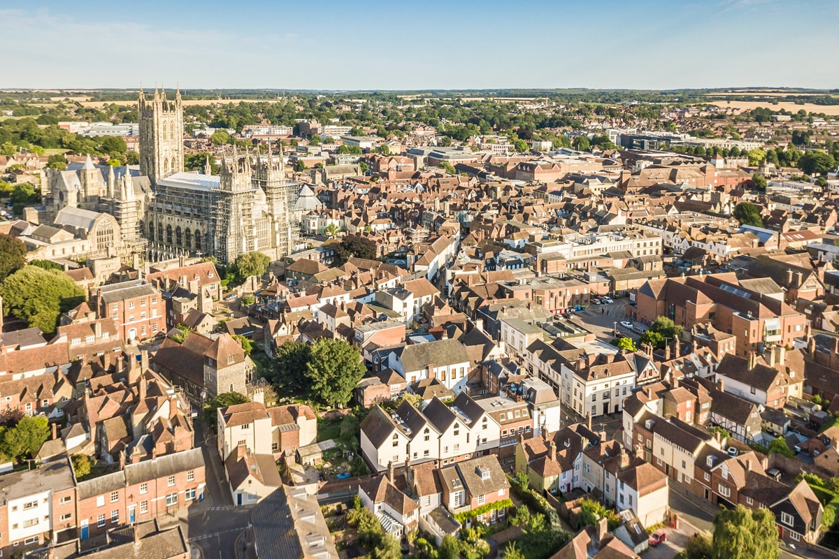 An aerial shot of the city of Canterbury in Kent.