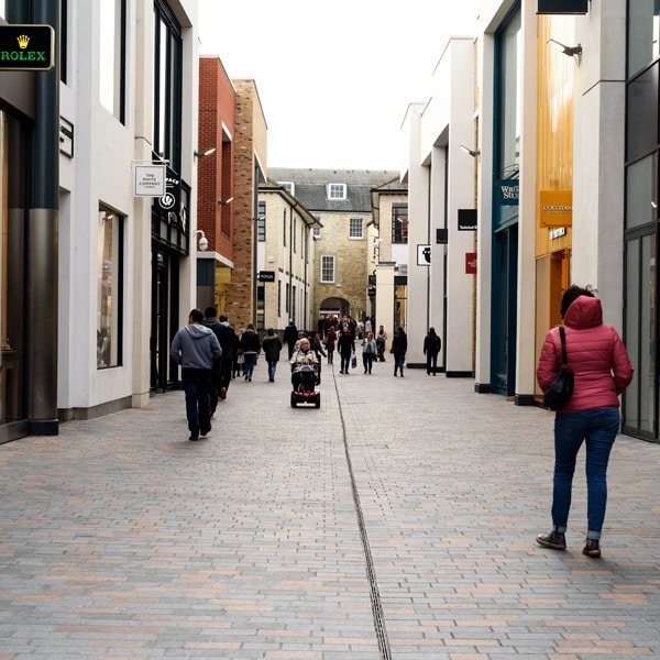 Shoppers during the daytime walking through the newly constructed Bond Street in Chelmsford.