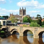 View of the Cathedral, the Wye Bridge and the River Wye in Hereford, Herefordshire, England, UK.