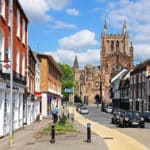 Front view of the Cathedral at the end of King Street, Hereford.