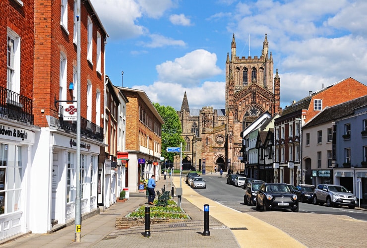 Front view of the Cathedral at the end of King Street, Hereford.