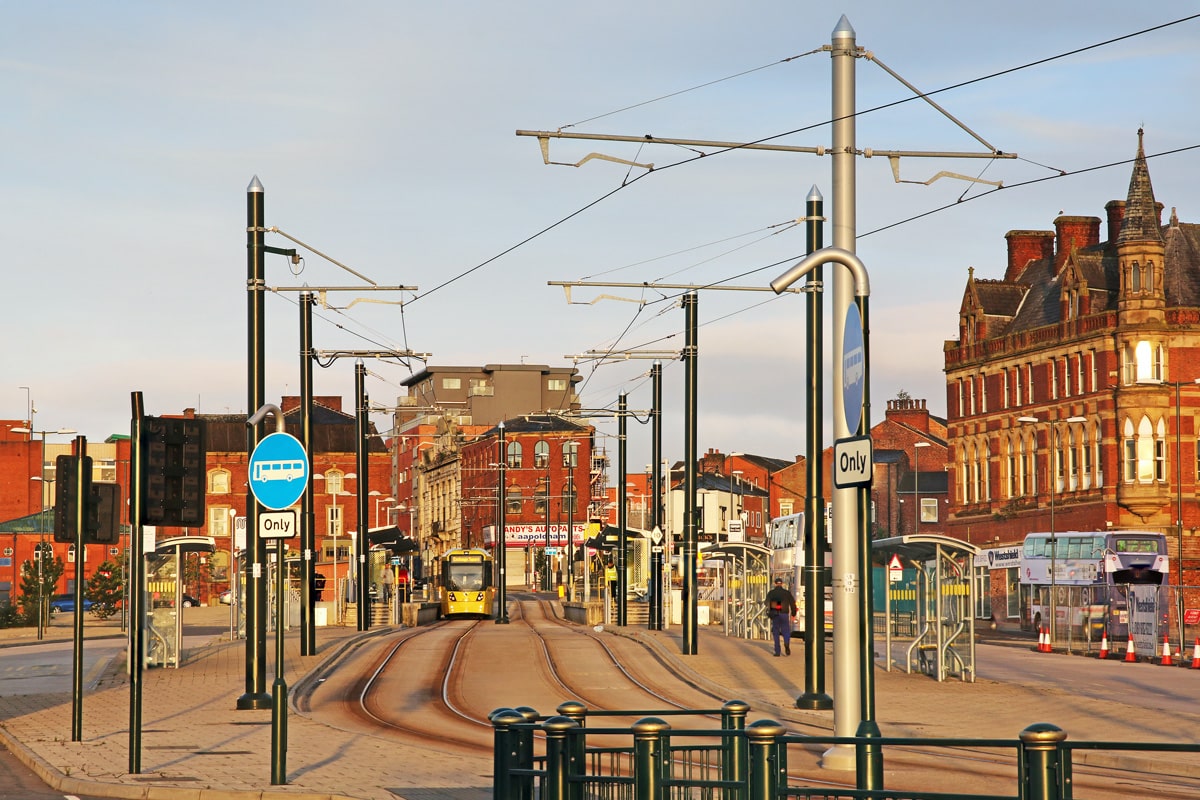 The Oldham Mumps tram stop in summer.