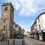 View of the clock tower and street in the centre of St. Albans.