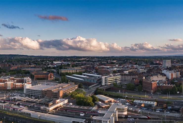 An aerial view of the city centre of Wolverhampton.