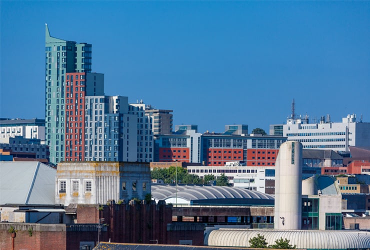 A photograph of the Plymouth city skyline on a bright, summer's day.