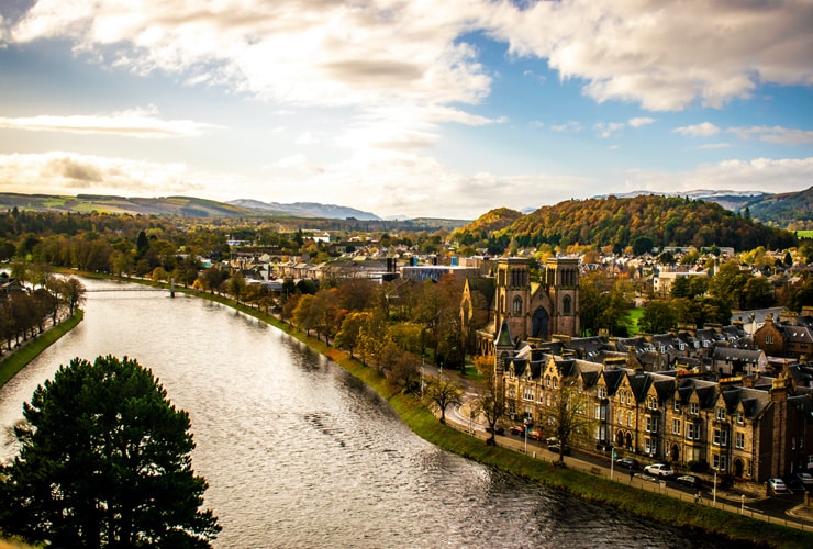 An aerial view of buildings along the River Ness, Inverness, Scotland.